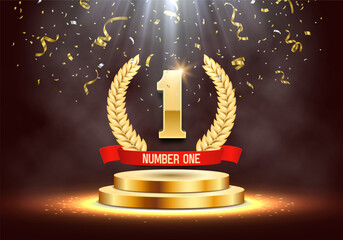 Winner award. Number one. Golden laurel wreath and red ribbon on podium with falling confetti. Vector illustration.