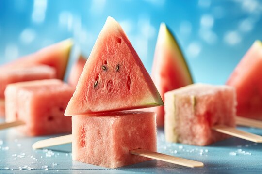 A refreshing, mouthwatering image of a popsicle ice cream in form of a melon slice on a hot summer day during a holiday vacation