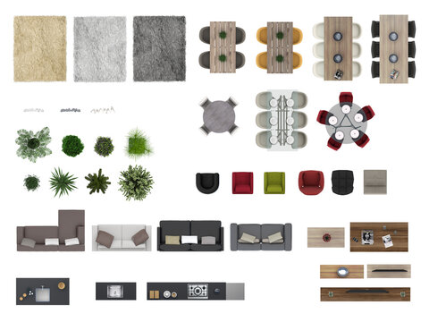 top view furniture set of chairs tables sofas on white background