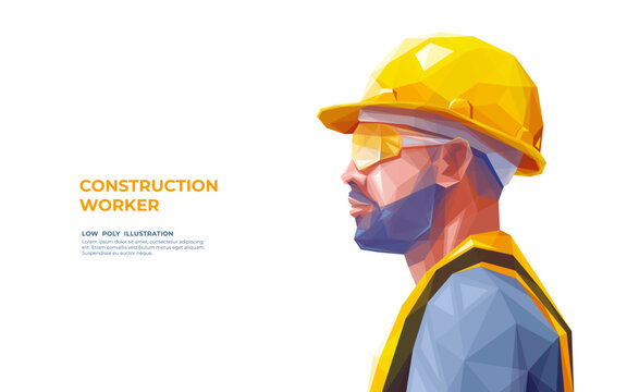 Construction Worker Man Wearing a Uniform, Glasses, and Yellow Safety Helmet. Builder in Hard Hat. Isolated Polygonal Vector Illustration on White Background. Modern Geometrical Low Poly Style.