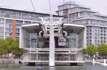 London cable car, cable car lines centered, travel destination for the tourists