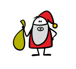 Stickman Santa Claus in a red coat and hat holds a green bag with gifts. Vector illustration of a cartoon man with a beard. Merry Christmas.