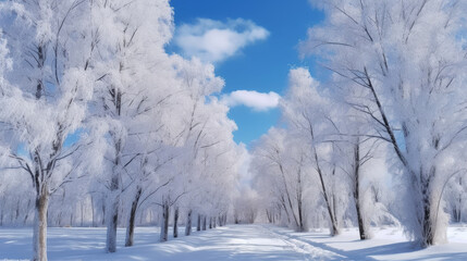 Snowy trees in a winter landscape. Generative AI