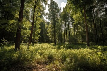 Fototapeta na wymiar Green Forest Landscape with Sunlight, Background Wallpaper