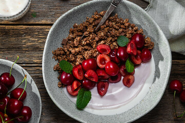 Granola with yogurt and cherries in a bowl
