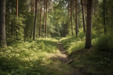 Fototapeta na wymiar Green Forest Landscape with Sunlight, Background Wallpaper