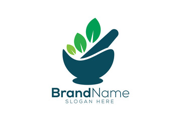 Organic medicine Mortar and pestle logo design template 