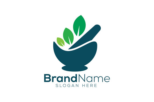 Organic medicine Mortar and pestle logo design template 