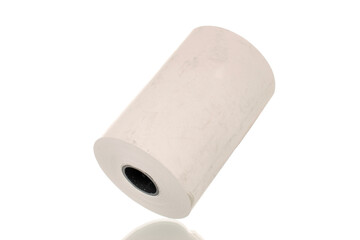 One roll of paper cash register tape, close-up isolated on white background.