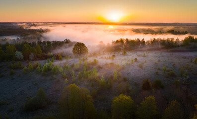 Aerial view of a foggy sunrise