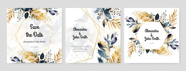 colorful colourful floral flower vector watercolor colorfull wedding invitation card template set with golden floral decoration