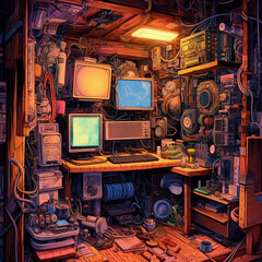 Game universe hacker room illustration