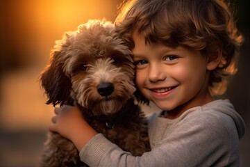 Adorable portrait of little boy embracing his brown mini poodle dog