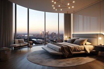 Luxurious penthouse bedroom offering panoramic city