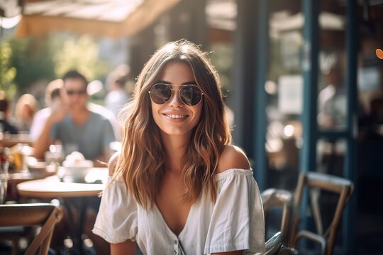 Casual outdoors portrait of young woman enjoying meal at outdoors restaurant on a sunny day