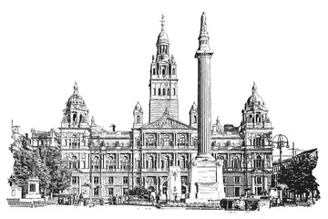 George Square and Glasgow City Chambers, the main civic square in Glasgow, Scotland, ink sketch illustration.