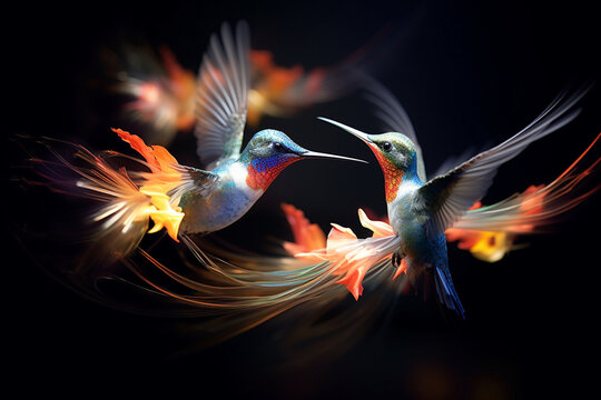 ight painting photo, hummingbirds fluttering in the wind beautiful visuals