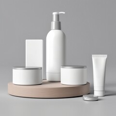 Mockup of Blank Set of White Cosmetic Products on a Wooden Stand