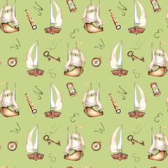 Adventure items, ship watercolor seamless pattern isolated on green. Compass, spyglass, sailboat, rusty key, ship hand drawn. Design boy print, wrapping, textile, vintage style wallpaper, background