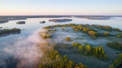 Aerial view of beautiful lake in the morning