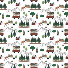 Camping caravan background seamless pattern tourist travelling explore drawing painting