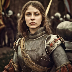 Jeanne d'Arc (1412-1431) in 15th century, early feminist and symbol of freedom and independence, burned at stake for heresy, then proclamed saint patron of France - obrazy, fototapety, plakaty