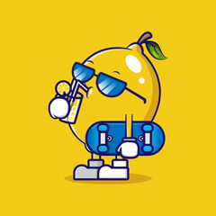 Lemon Mascot Enjoying Lemon Juice with Sunglasses