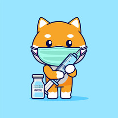 Caring Shiba Inu with Mask Holding Vaccine Syringe - Vector Illustration