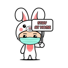 Adorable Bunny Mascot Holding 'Stay at Home' Sign - Vector Illustration
