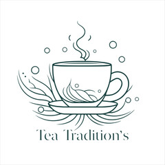 Illustration of Herbal traditional Tea. Tea Cup, tea leaves. Oriental, Chinese tea logo template. Vector Image EPS 10. Flat minimalistic style