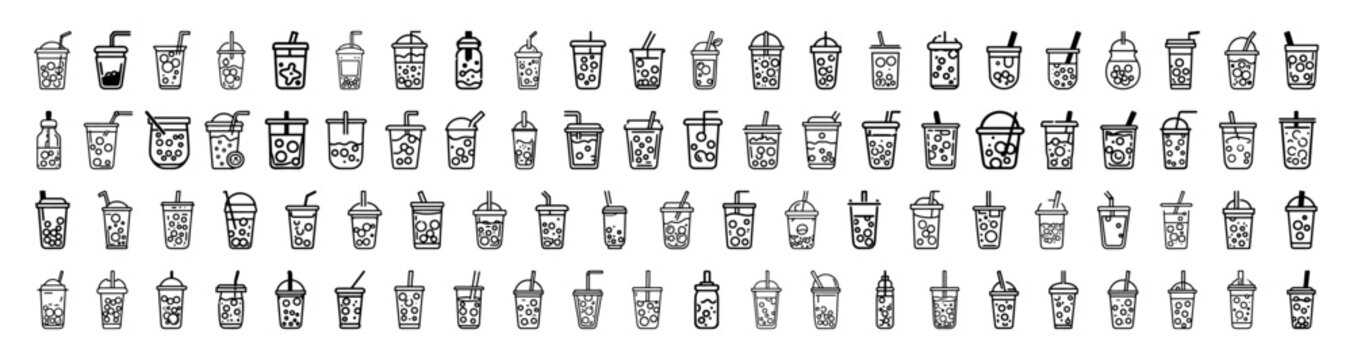 Boba or bubble milk tea drink icons. Pack of bubble milk tea icons on white background. Trendy beat signs for website, apps and UI. Flat design outline for logo, icon and design.