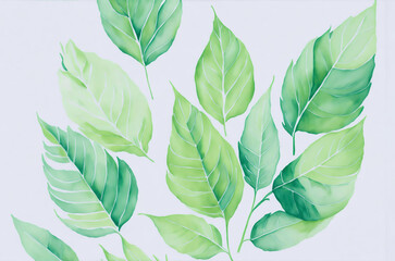 Watercolor Nature Pattern with Botanical Green Leaf on White Background. Aquarelle Wallpaper Design for Banner, Poster, Invitation or Greeting Card. AI Generated.