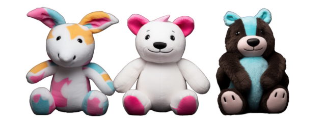 Cutout set of 3 stuffed animal toys illustration on a transparent background. Generative AI.
