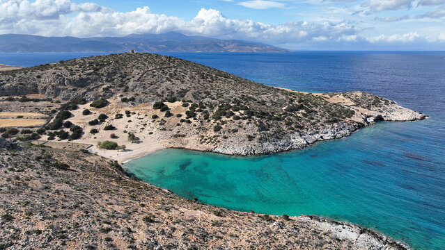 Aerial drone photo of paradise secluded beach of Psili Amos in small island of Schoinousa, Small Cyclades, Greece