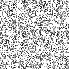Naklejka premium Healthy food pattern. Drawn healthy food background