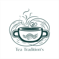 Illustration of Herbal traditional Tea. Tea Cup, tea leaves. Oriental, Chinese tea logo template. Vector Image EPS 10. Flat minimalistic style