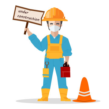 Construction worker holding under construction sign vector illustration