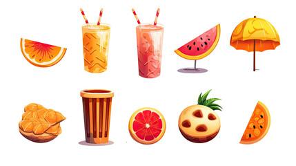 Colorful summer assortment of fresh fruit and drinks, transparent background png