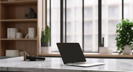 Modern Office Workspace with Laptop on Table for Business. Copy Space Available