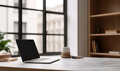 Modern Office Workspace with Laptop on Table for Business. Copy Space Available