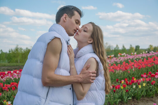 Guy and girl are kissing and hugs at field of colorful tulips.
