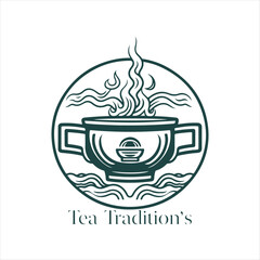 Illustration of Herbal traditional Tea. Tea Cup, tea leaves. Oriental, Chinese tea logo template. Vector Image EPS 10. Flat minimalistic style