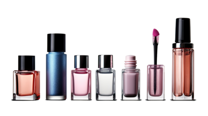 Photo of different cosmetic bottles lined up in a row, transparent background png