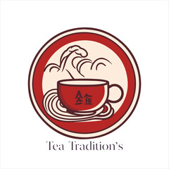 Illustration of Herbal traditional Tea. Tea Cup, tea leaves. Oriental, Chinese tea logo template. Vector Image EPS 10. Flat minimalistic style