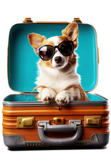 Fun corgi puppy dog with sunglasses sitting in a suitcaseillustration on a transparent background. Generative AI.