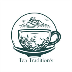 Illustration of Herbal traditional Tea. Tea Cup, tea leaves. Oriental, Chinese tea logo template. Vector Image EPS 10. Flat minimalistic style