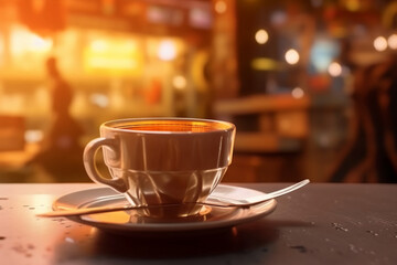 Obraz premium Extreme Closeup Shot coffee cup, in a coffee shop, focus is on the Coffee Cup. AI generative