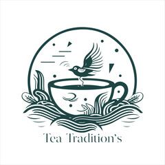 Illustration of Herbal traditional Tea. Tea Cup, tea leaves. Oriental, Chinese tea logo template. Vector Image EPS 10. Flat minimalistic style