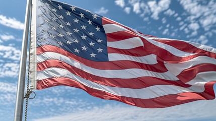 an american flag waving in the wind with a blue sky and white clouds behind it, as seen from below