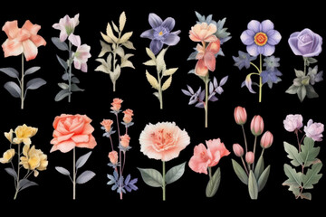 Set of beautiful flower watercolor collection illustration on a transparent background. Generative AI.